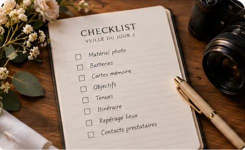 Carnet ouvert sur la checklist de la veille du jour J, à côté d’un appareil photo