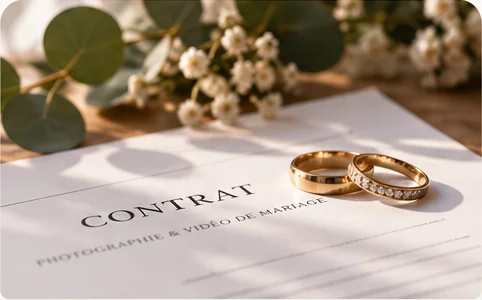 Contrat de prestation photo et vidéo de mariage posé avec deux alliances