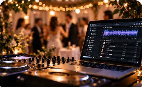 Platines et ordinateur d’un DJ pendant une soirée de mariage