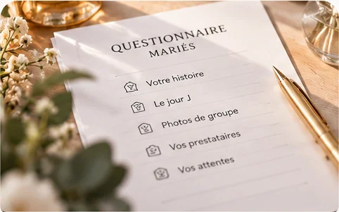 Questionnaire des mariés posé sur une table avec un stylo